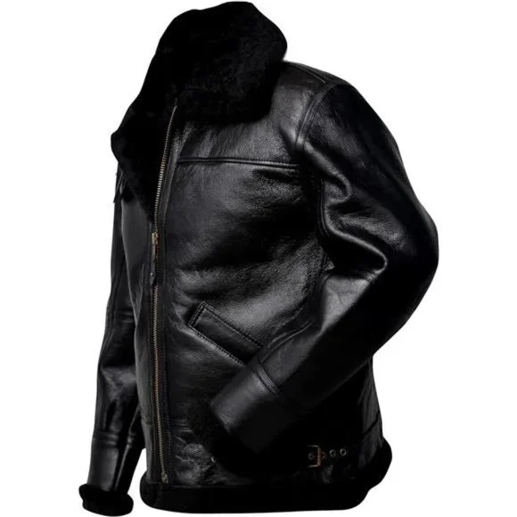 Men B3 Bomber Aviator Shearling Sheepskin Leather Winter Jacket, Black - Picture 3 of 6